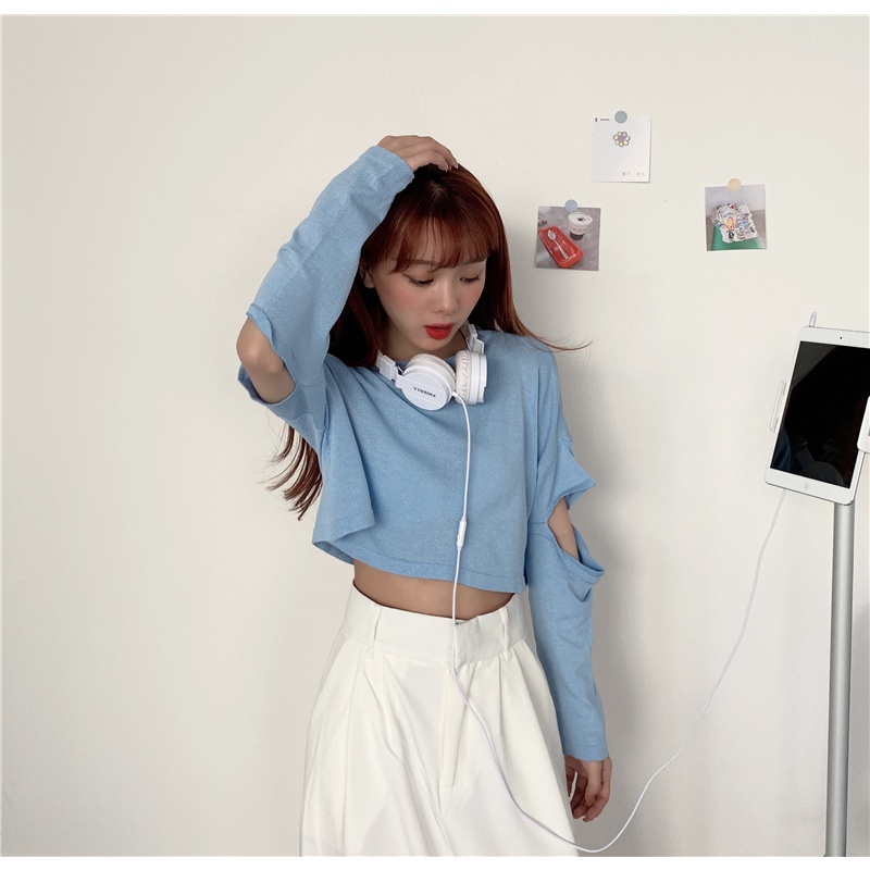 SUXI Áo Thun Dệt Kim Tay Dài Cổ Tròn Lưng Cao Thời Trang Mùa Thu Hàn Quốc Cho Nữ