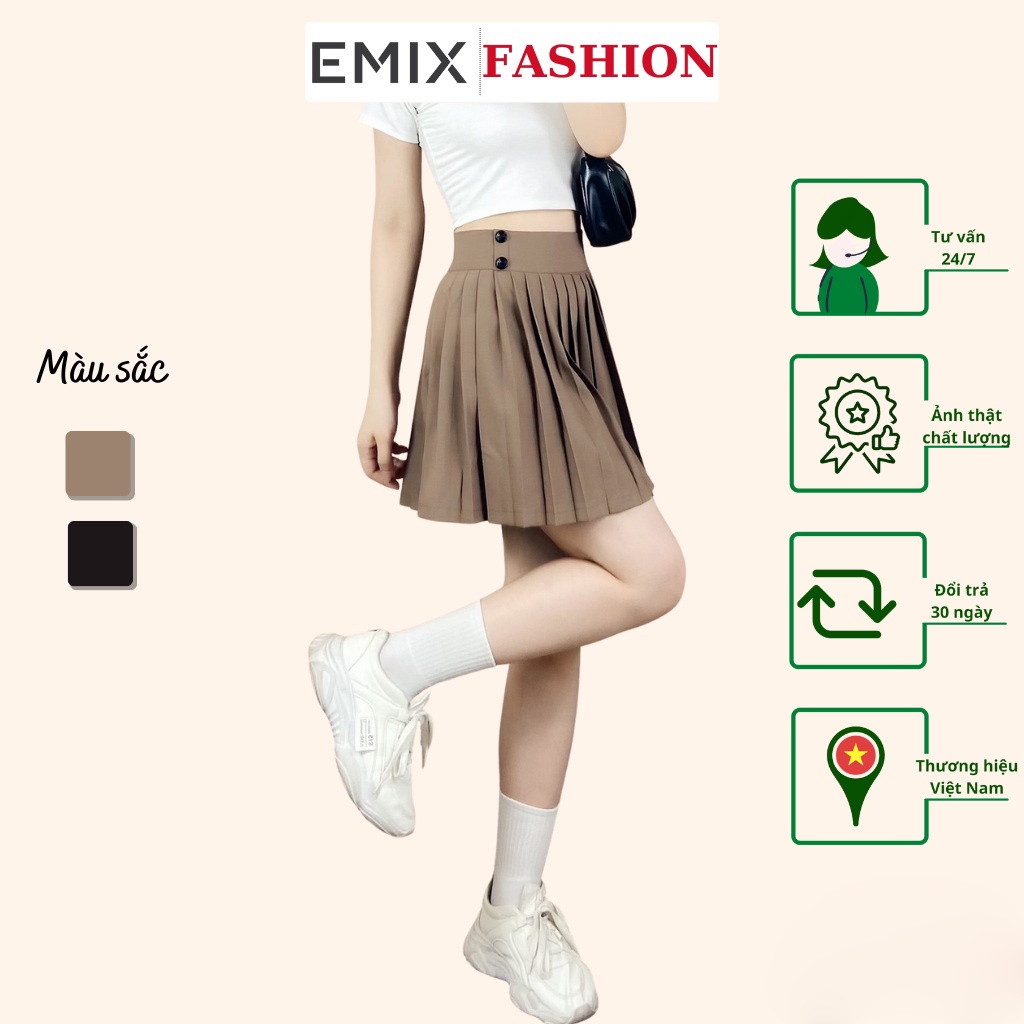 Chân váy công sở xếp ly EMIX (2 màu), Ulzzang, dáng ngắn, cạp cao, cúc lệch, form rộng, vải tuytxi cao cấp, mịn mát