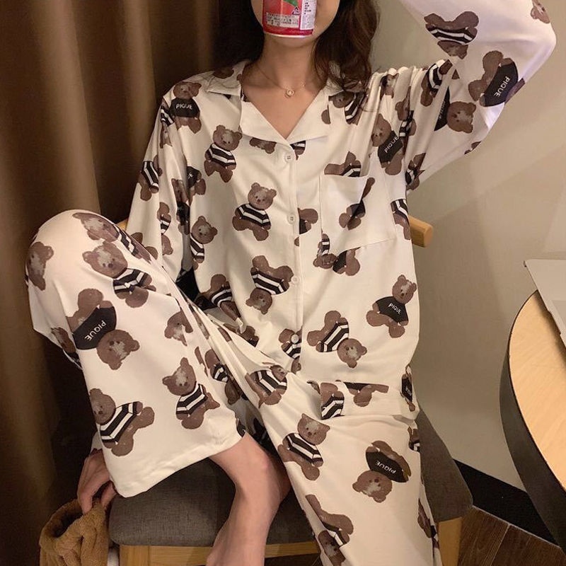 Bộ đồ ngủ cotton tay dài in hình gấu hoạt hình phong cách Hàn Quốc thời trang cho nữ