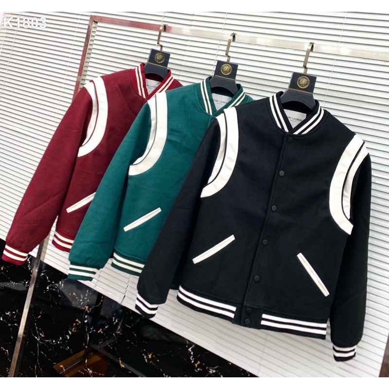 Áo khoác Bomber Sai.nt.Lau.rent Nam mầu đỏ,đen,xanh-Phối vai trắng💥HÀNG 1:1💥Áo khoác Y.SL chất vải dạ phối da-Hàng XK.