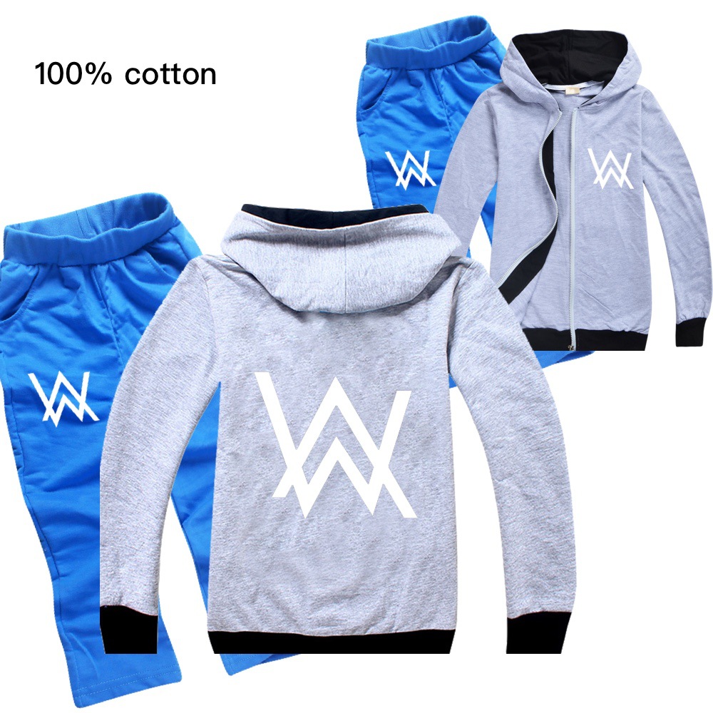 Set Áo Khoác Hoodie Có Khóa Kéo + Quần Dài In Chữ Alan Walker Năng Động Thời Trang Cho Bé