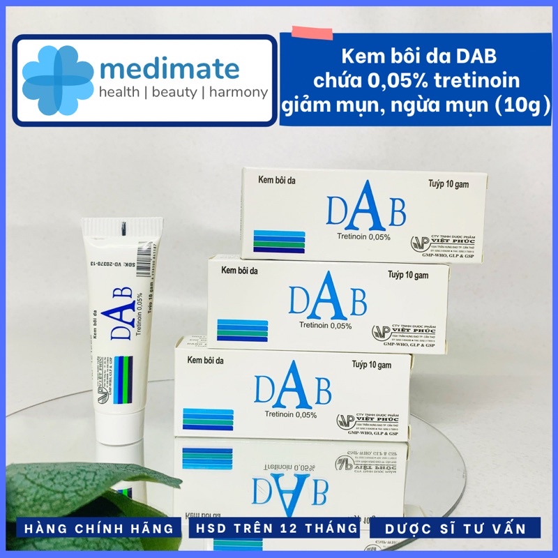 Kem bôi da DAB tretinoin 0,05% giảm mụn, giảm sạm da, sáng da (tuýp 10g)