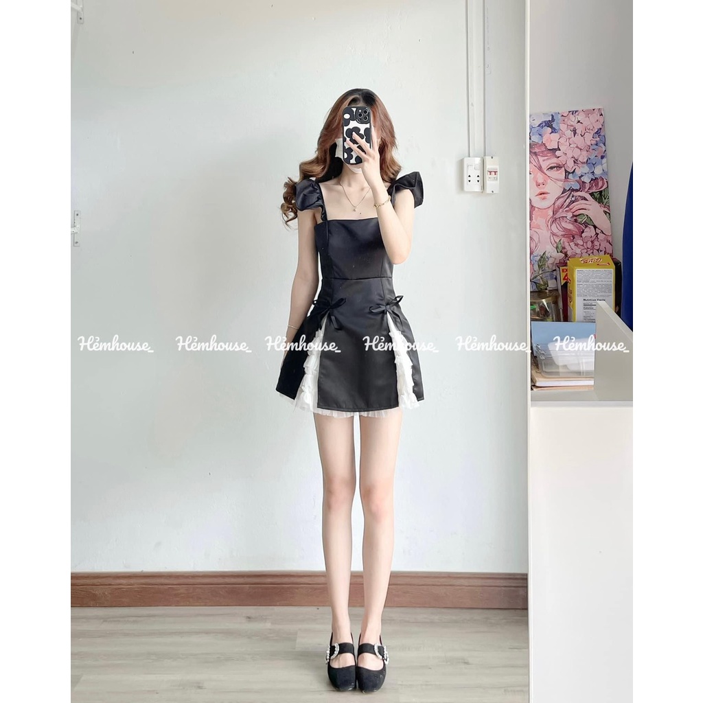 JUMPSUIT ĐEN TAY TIÊN PHỐI LƯỚI XOÈ TRẮNG ĐÍNH NƠ