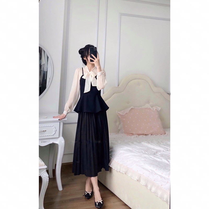 SÉT ÁO NƯ YẾM MIX CHÂN VÁY XẾP LY DÀI