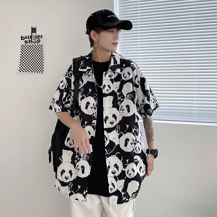 Áo Sơ Mi Tay Ngắn Dáng Rộng In Hình Gấu Trúc Thời Trang Mùa Hè Cho Nam