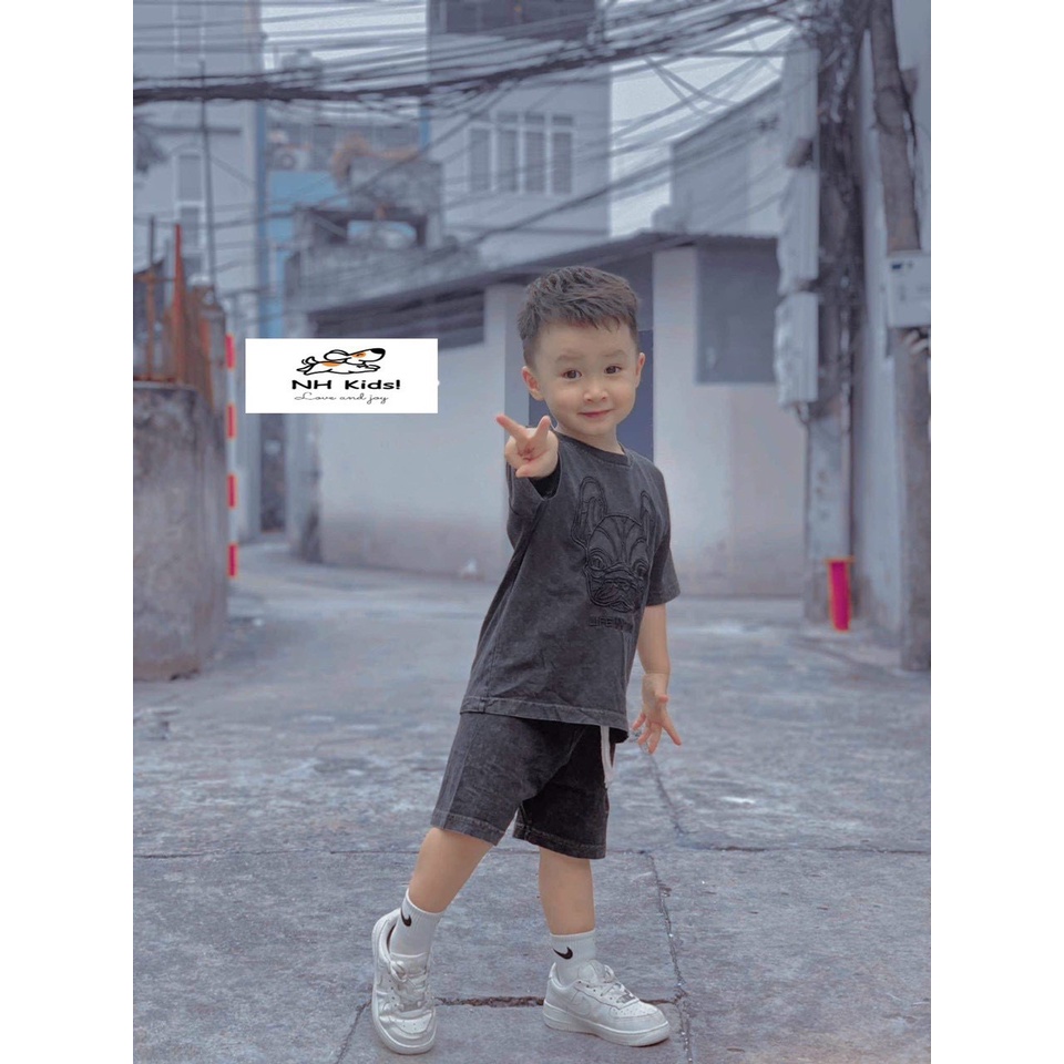 Bộ cộc tay bé trai, set bộ quần áo bò cotton cao cấp thêu họa tiết chú chó Buldog cho bé size 10-30kg