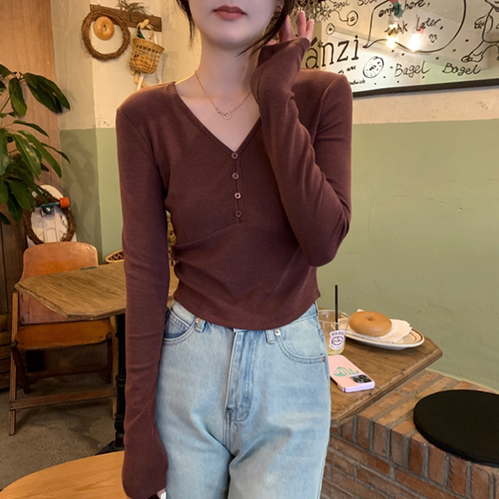 Áo thun Peppermint 56795 tay dài cổ chữ V dáng ôm thời trang thu đông phong cách Hàn Quốc