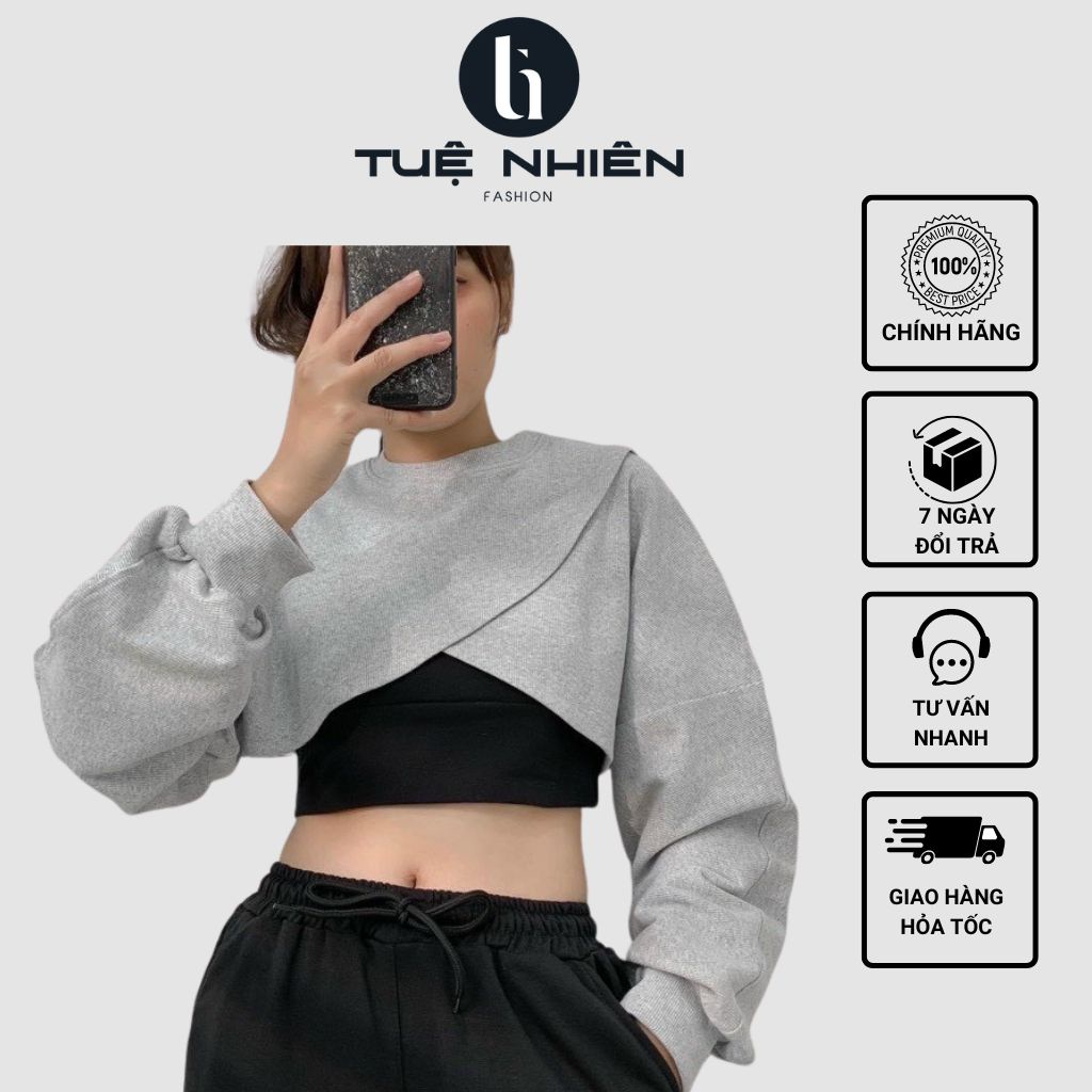 Set áo croptop bắt chéo tay dài, cổ tròn kèm bra siêu xinh chất cotton tici xịn xò- Tuệ Nhiên
