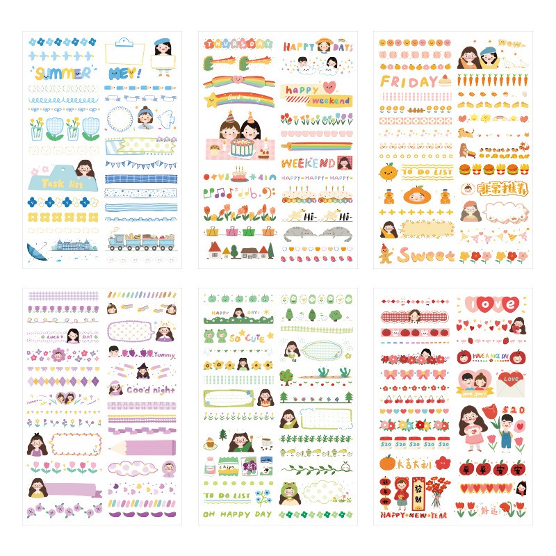 Set 6 Tấm Sticker Trong Suốt Nhiều Chủ Đề Hình Dán Trang Trí Bút Hộp Decor Đa Năng