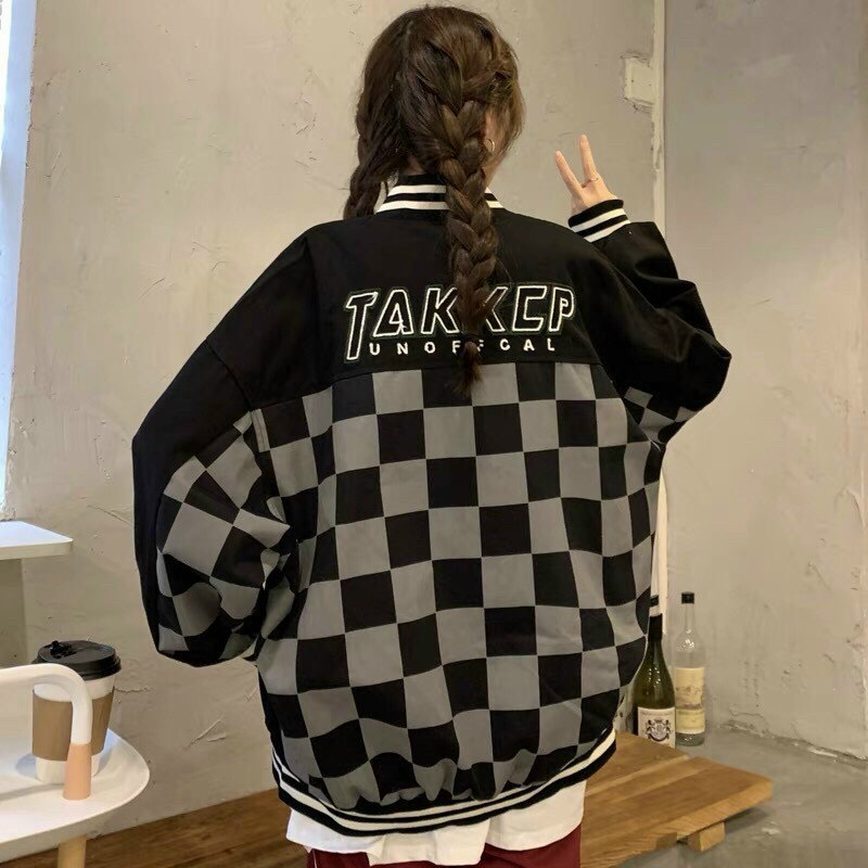 Áo Khoác Bomber Kaki Bóng Chày Unisex Dáng Rộng Caro In Chữ TAKEEP