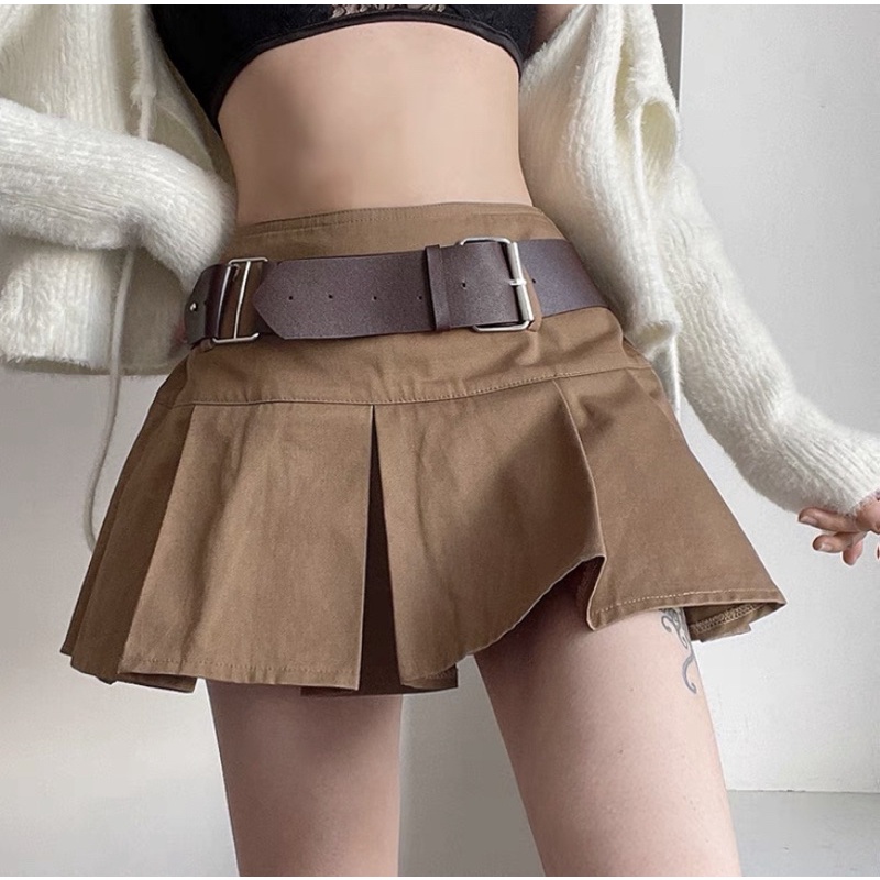 Chân váy xếp ly dáng chữ A màu nâu tặng kèm đai phong cách retro | BigBuy360 - bigbuy360.vn