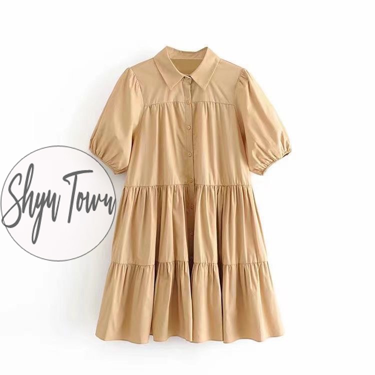 Đầm nữ sơ mi trắng cổ đức tùng xoè ulzzang, Váy babydoll tay bồng 2 tầng vintage xinh xắn - ShynCloset