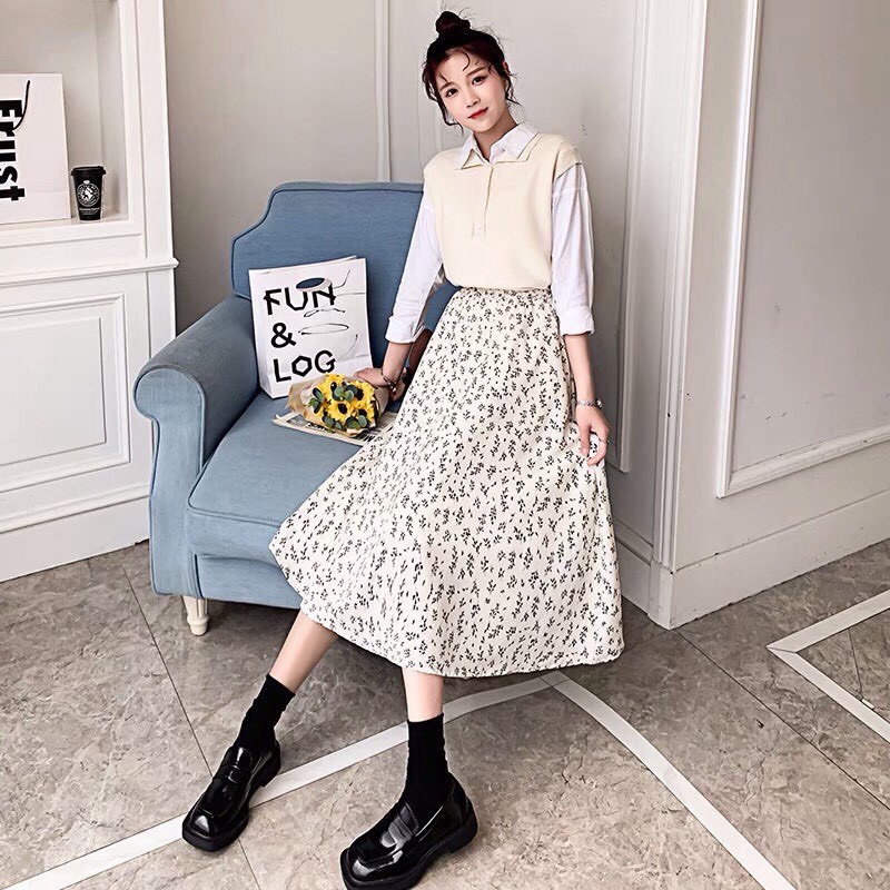 Chân váy midi hoa nhí phong cách ulzzang thời thượng | BigBuy360 - bigbuy360.vn