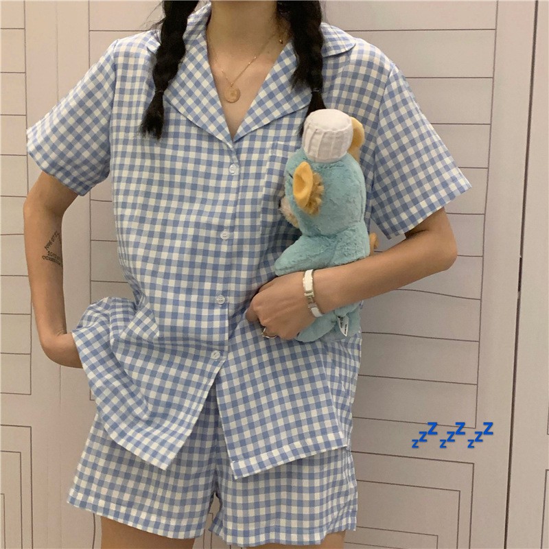 [CÓ SẴN] Đồ ngủ pijama kẻ caro xanh Hàn Quốc cộc tay quần đùi ullzang
