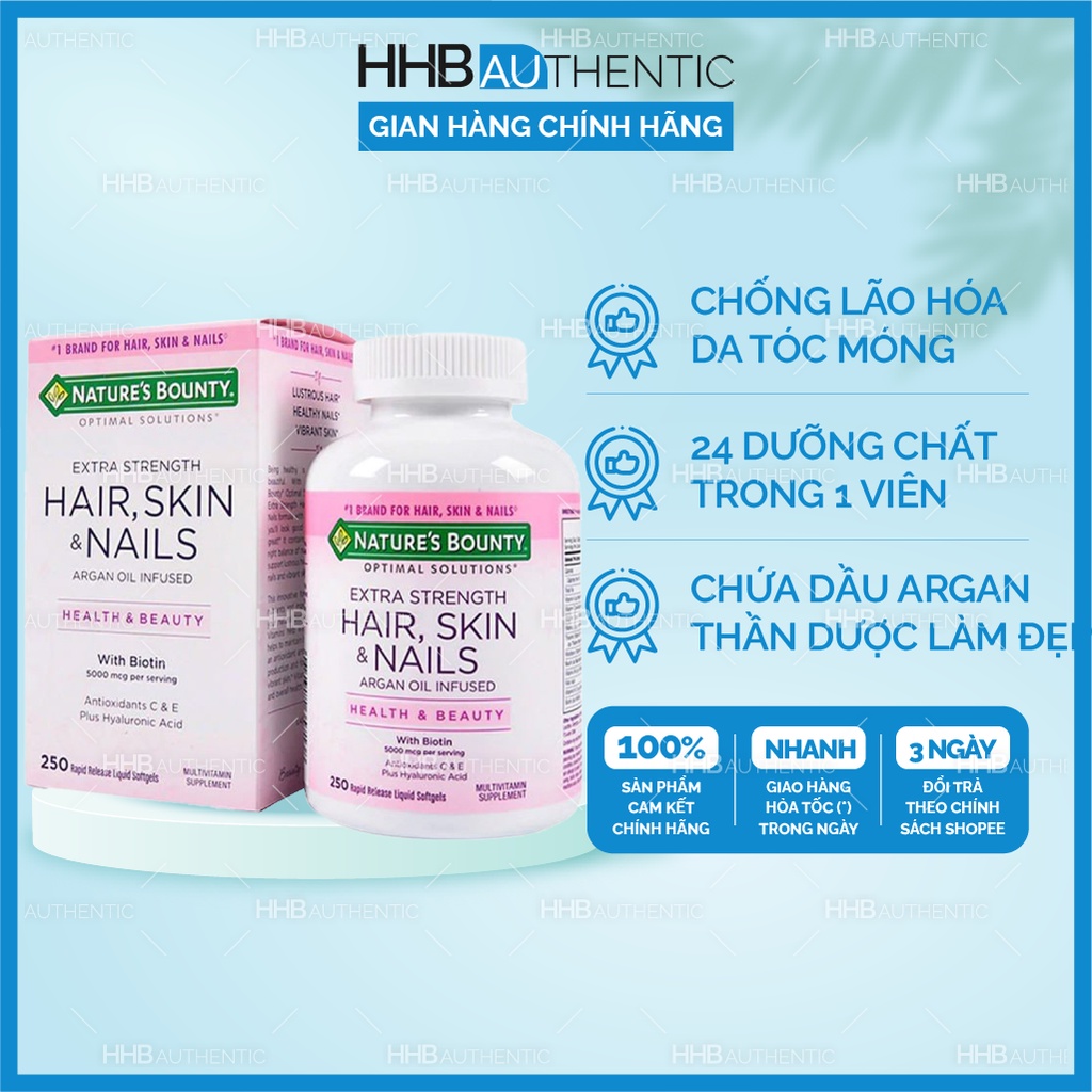 Viên uống giảm gẫy rụng tóc, đẹp da và móng Nature’s Bounty Hair, Skin & Nails 250 Viên - Xuất xứ Mỹ