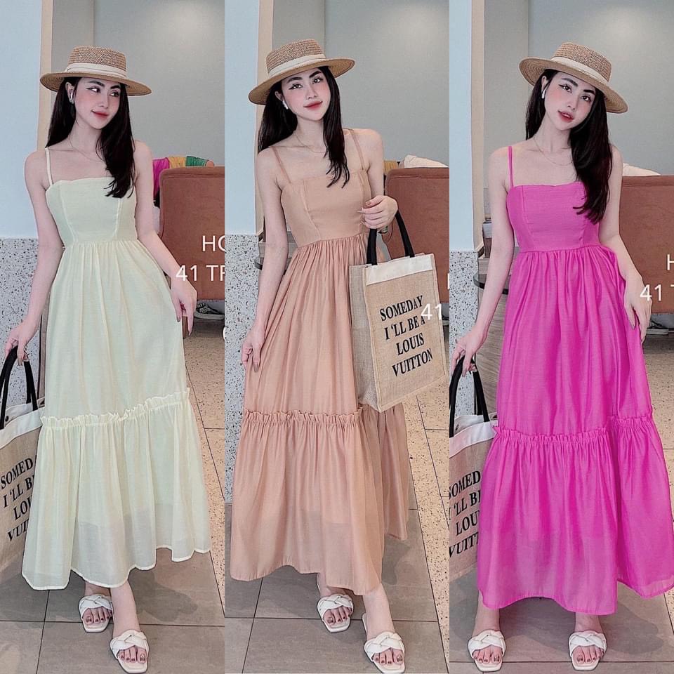 Đầm 2 dây 3 tầng dáng dài đi biển, váy 2 dây bầu bí phom rộng