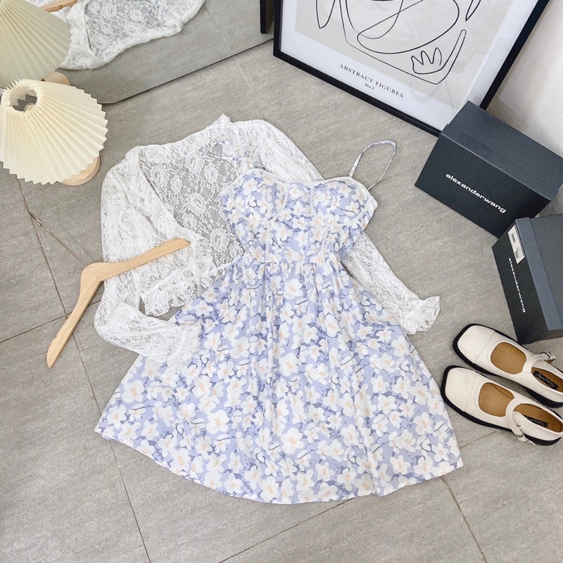 SET ĐẦM HOA HAI DÂY XANH PHỐI REN + KHOÁC REN