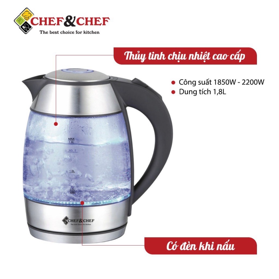 ẤM SIÊU TỐC THỦY TINH CHEF&amp;CHEF CH-1751 BÌNH CHỨA 1.8L CHẤT LIỆU CAO CẤP AN TOÀN KHI SỬ DỤNG