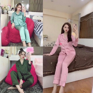 Đồ ngủ nữ, bộ pyjama mặc nhà, bộ ngủ áo dài quần dài phối viền bèo chất liệu lụa satin cao cấp mềm mịn