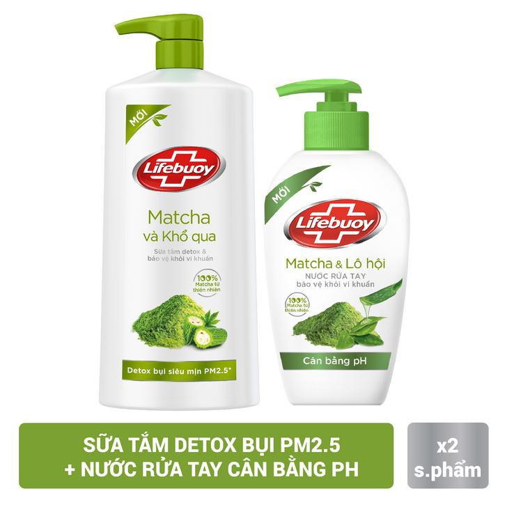 Combo Lifebuoy thiên nhiên Sữa tắm Matcha và Khổ qua 850gr & Nước rửa tay Matcha và Nha đam 180gr