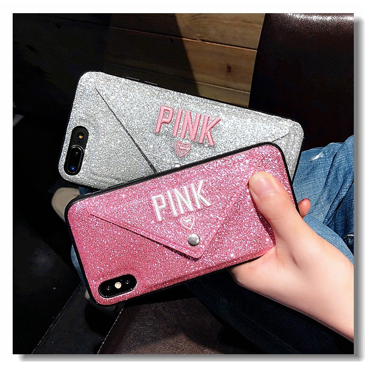 Pink Embroidery Glitter Sparkling Case iPhone X iPhone 8 7 6 6S Plus With Card Slot iPhone X XS Max XR 11 Pro Max SE 2020