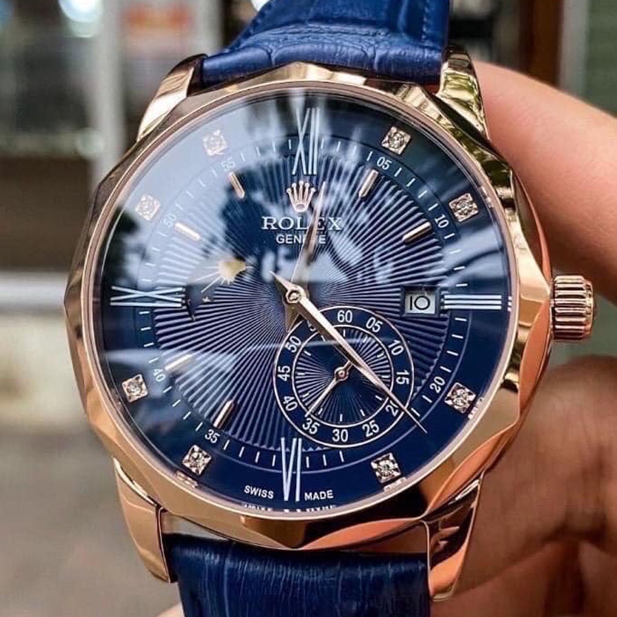 Đồng hồ Nam Rolex 6kim trăng sao size 40-41 vỏ trắng dây da mặt đen vỏ trám cạnh
