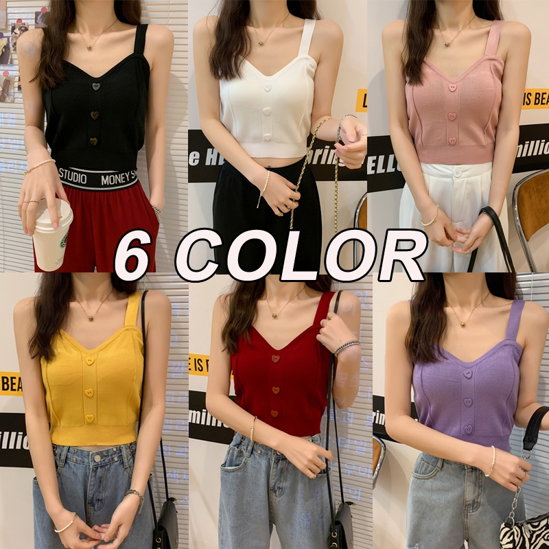 Áo Hai Dây Dệt Kim Màu Trơn Cài Nút Trước Hình Trái Tim Gợi Cảm Thời Trang Phong Cách Hàn Quốc Cho Nữ