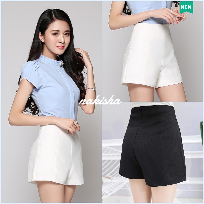 Quần Short Chữ A Lưng Cao Ống Rộng Có Khóa Kéo Màu Đen Và Trắng Phong Cách Hàn Quốc Cho Nữ