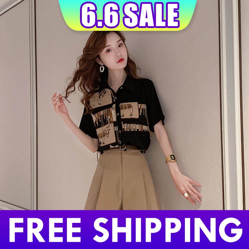 Short sleeve women's printed shirt 2022 new summer top women's Design Hong Kong style shirt women's Retro Hong Kong Style