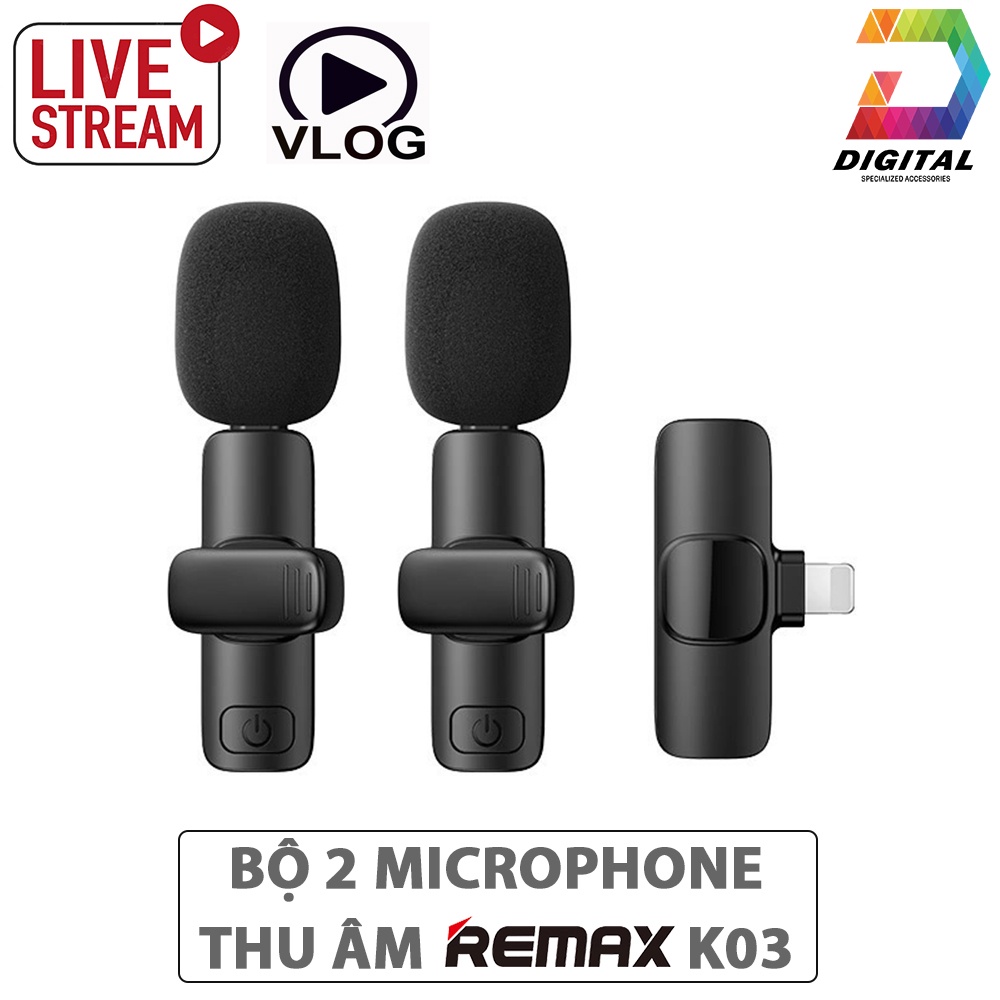 Bộ 2 Micro Thu Âm Remax K03 Không Dây Cài Áo Hỗ Trợ LiveStream, Quay Video Chính Hãng
