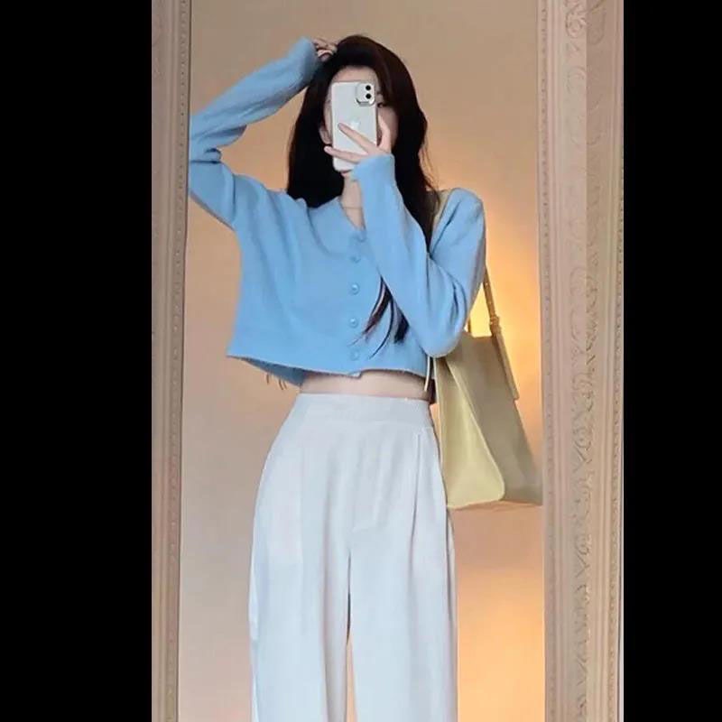 Bộ Áo Cardigan Dệt Kim + Quần Ống Rộng Phong Cách Hong Kong Cá Tính