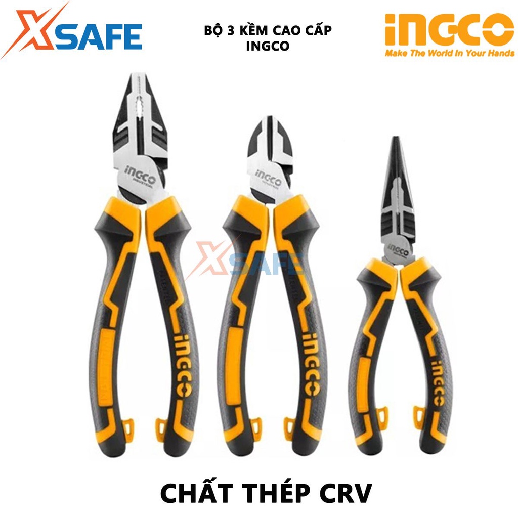 Bộ 3 kìm răng, cắt và nhọn cao cấp INGCO Bộ kềm đa năng chất liệu thép CR-V, đen bóng, tay cầm 2 màu - [XSAFE]