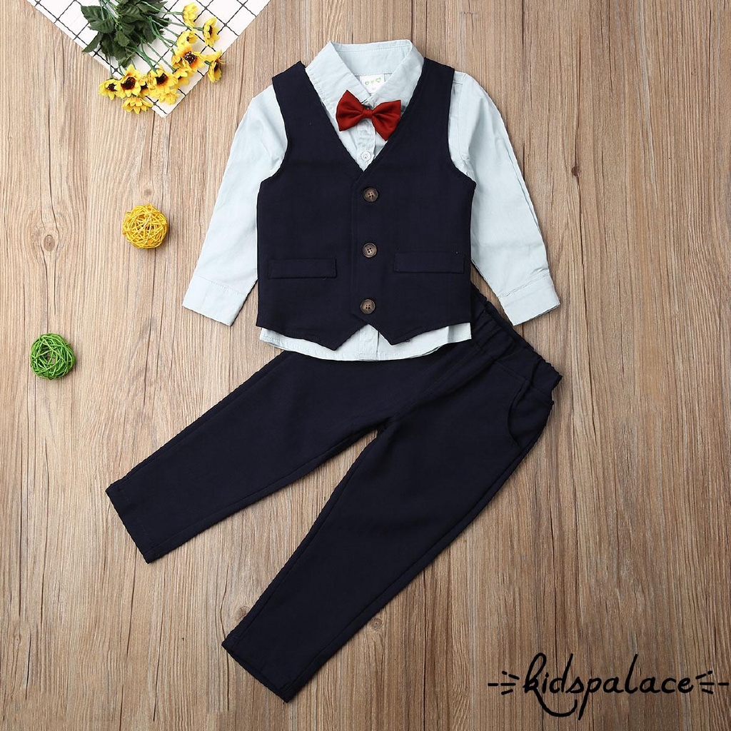 ➤♕❀❤4pcs Kids Baby Clothes Boys Sets Solid Shirts Tops+Vest+Pants Wedding Tuxedo Formal Dressy Suit