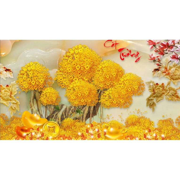 Tranh đính full đá tự làm.Tranh cây tiền vàng cát tường.