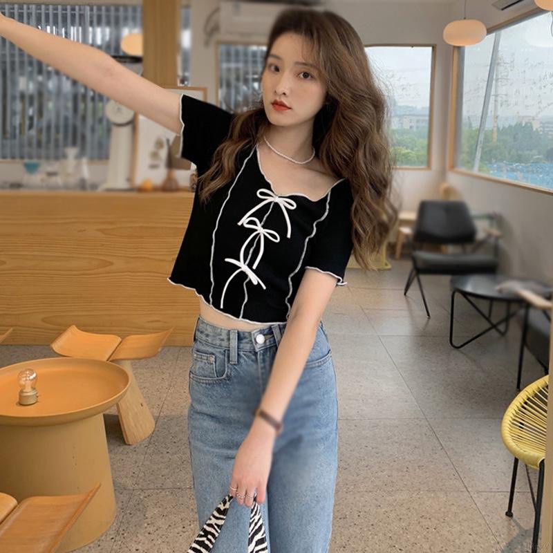 Áo Croptop Dệt Kim Tay Ngắn Cổ Tròn Phối Nơ Phong Cách Hàn Quốc Cho Nữ