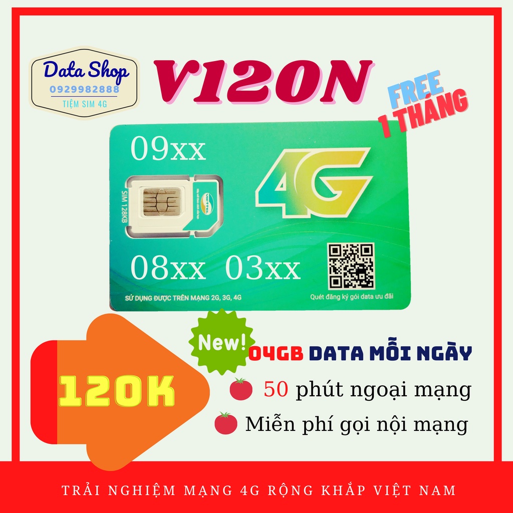 (NEW) SIM V120N Viettel 4G - Miễn phí tháng đầu - 4GB/ngày chỉ với 120k mỗi tháng