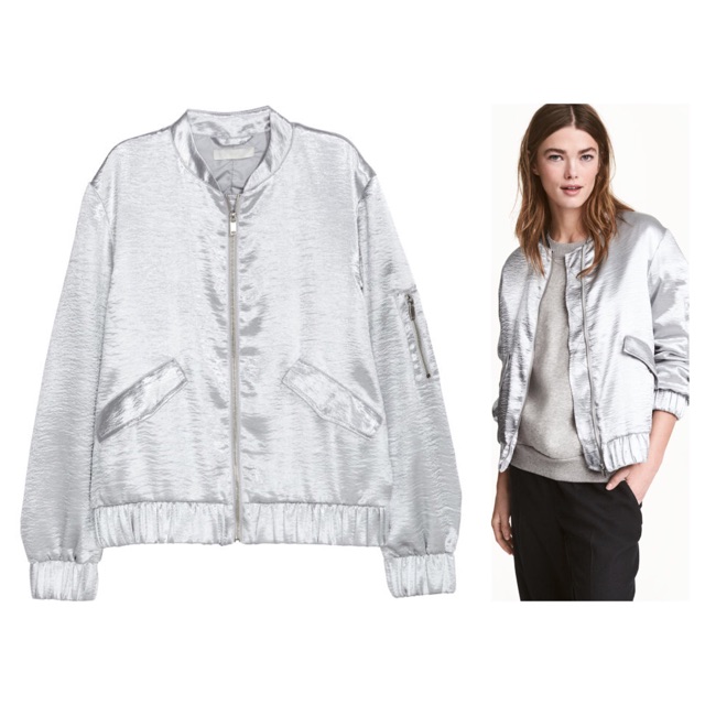 Bomber jacket lụa ánh bạc HM auth sale 1200=>580k (có ảnh shop chụp)