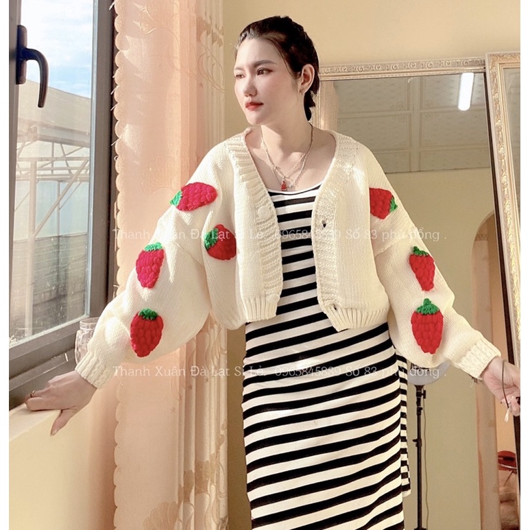 Khoác len cardigan crotop thêu dâu móc thủ công nhiều màu ( hình thật )
