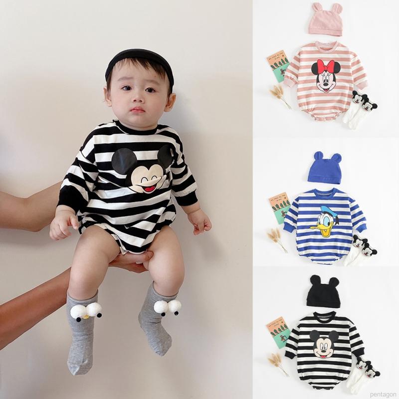 Bộ Áo Liền Quần Dài Tay Sọc Ngang + Mũ Cho Bé Sơ Sinh
