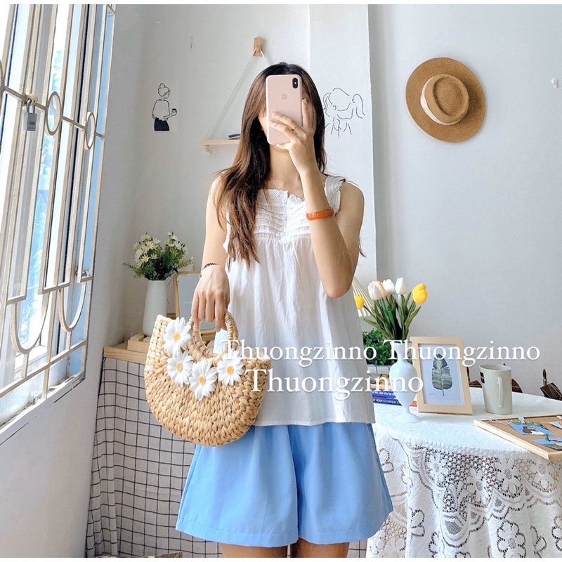 [HÀNG CHẤT LƯỢNG] SET MANGOO GỒM ÁO HAI DÂY TRẮNG KÈM QUẦN XANH TRẺ TRUNG SET NÀNG THƠ HÀN QUỐC