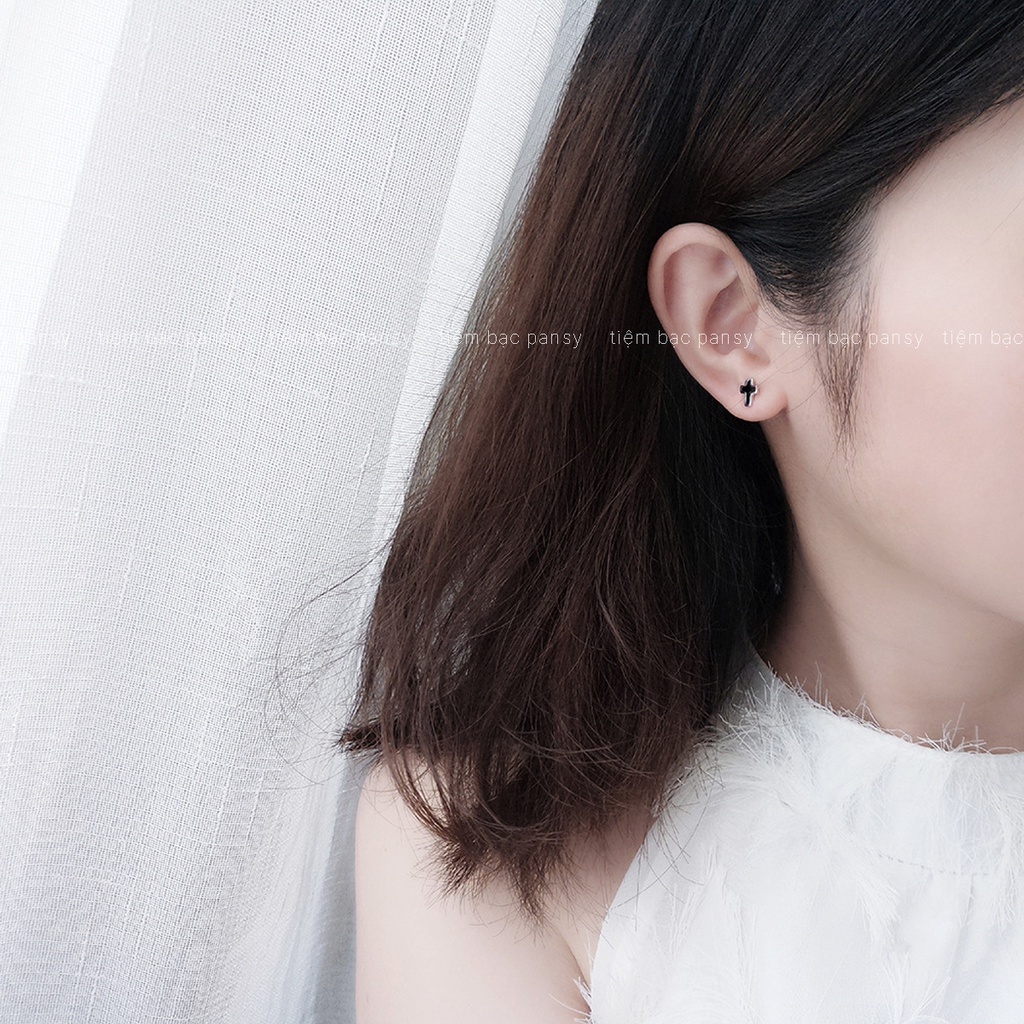 Khuyên tai bạc nam nữ unisex PANSY hình thánh giá bấm lỗ đẹp