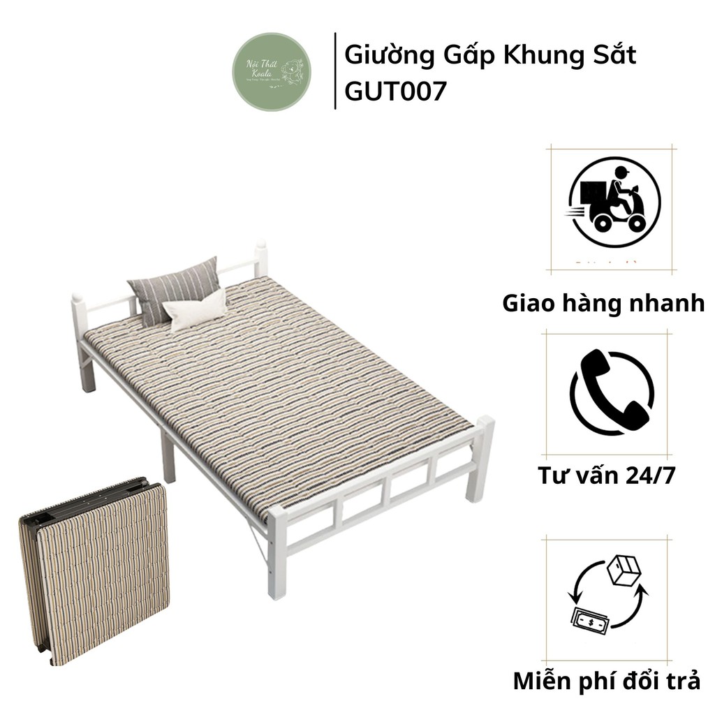 Giường gấp khung sắt kèm đệm 1m9 x 120 cm trắng giường đơn chắc chắn GUT007