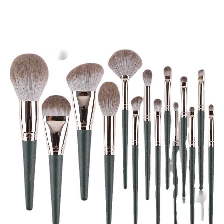 Bộ cọ trang điểm 14 cây dành cho cá nhân và chuyên nghiệp kèm túi đựng màu xanh rêu - Set cọ trang điểm mắt 5 cây