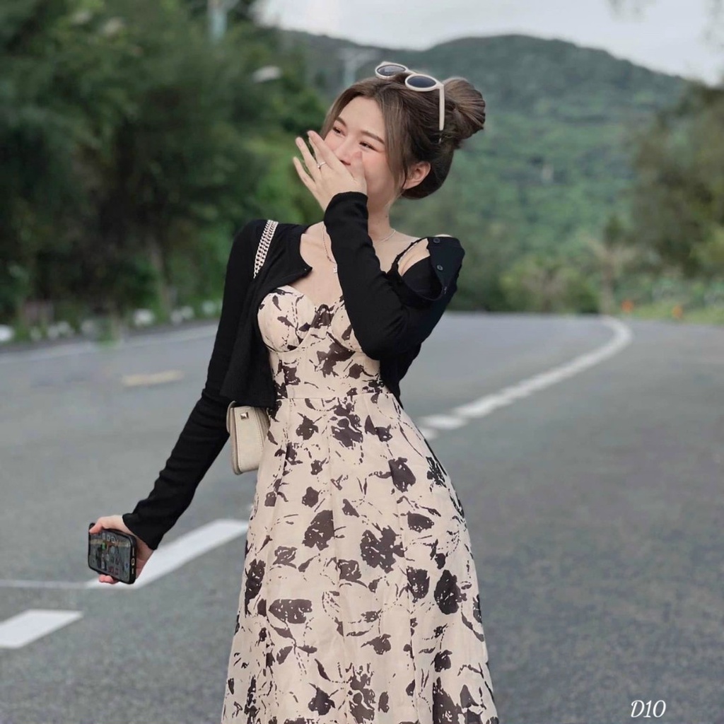 [Đầm sale] Đầm hoa dáng dài đi biển siêu dễ thương với thiết kế 2 dây có cúp ngực phối kèm khoác ngoài tha hồ khoe dáng