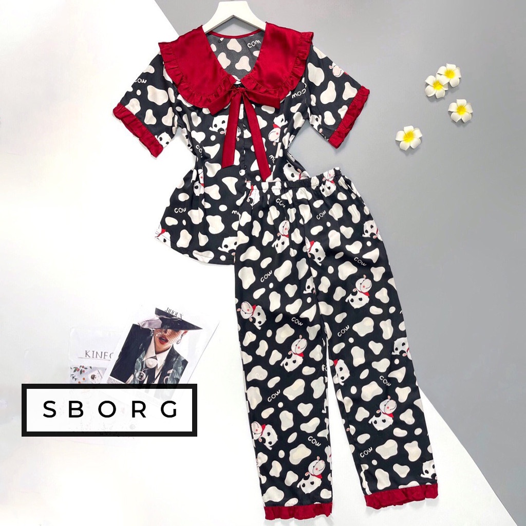 Đồ bộ mặc nhà SBORG pijama lụa latin cao cấp bò sữa áo cổ bèo cute quần dài có túi sâu freesize dưới 56kg quà tặng vợ