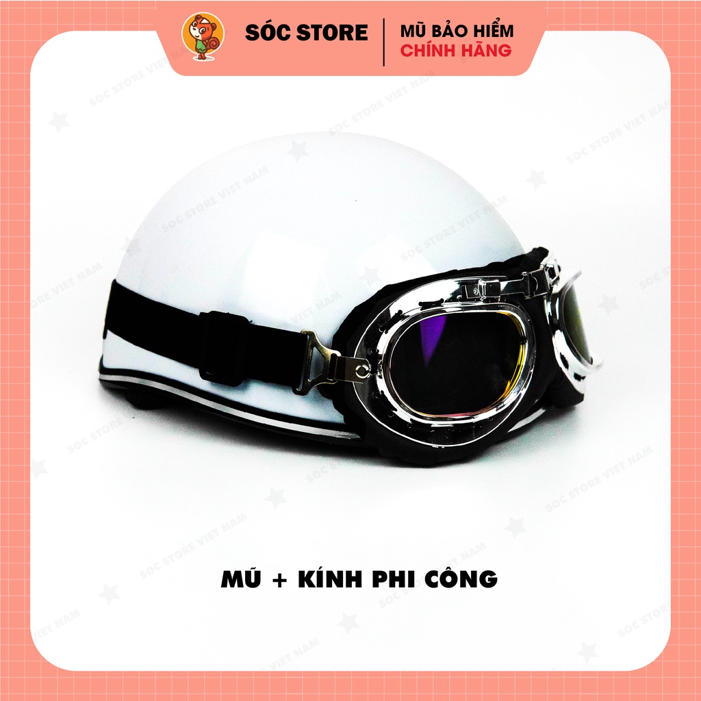 Mũ bảo hiểm nửa đầu chính hãng Sóc Store Vietnam màu trắng kèm kính UV, kính phi công, nón bảo hiểm 1 phần 2 freesize