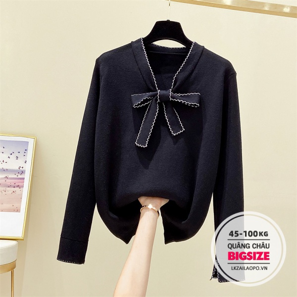 BIGSIZE Nữ (45-100kg) Áo sweater dệt kim dáng rộng phối nơ xinh xắn | BigBuy360 - bigbuy360.vn