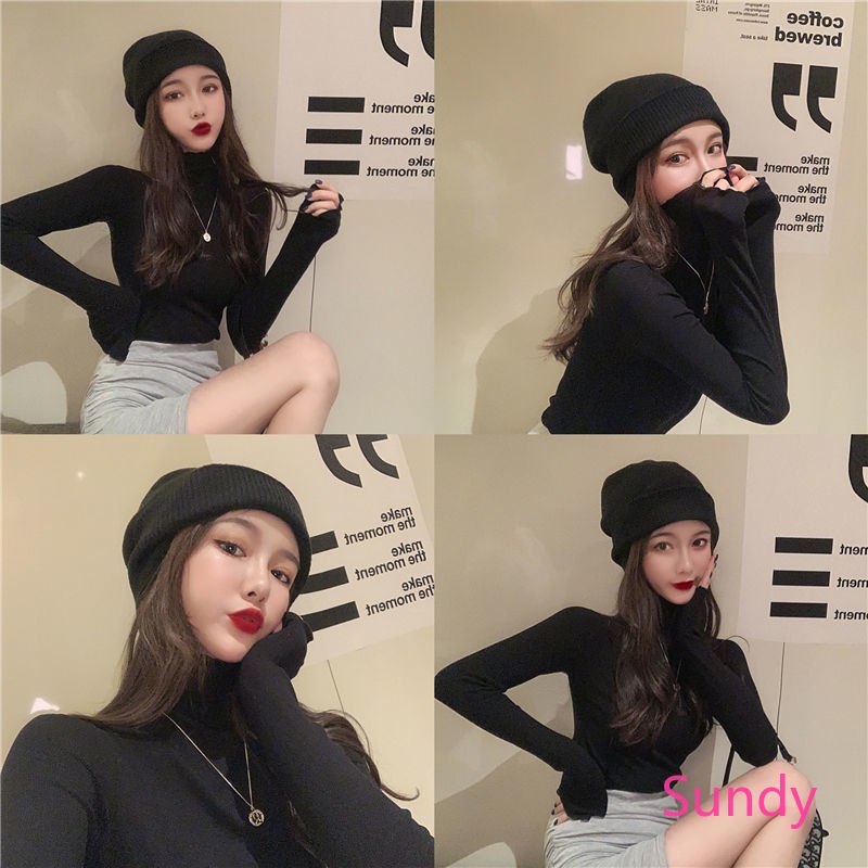 Áo thun tay dài cổ cao dáng ôm thời trang mùa đông cho nữ