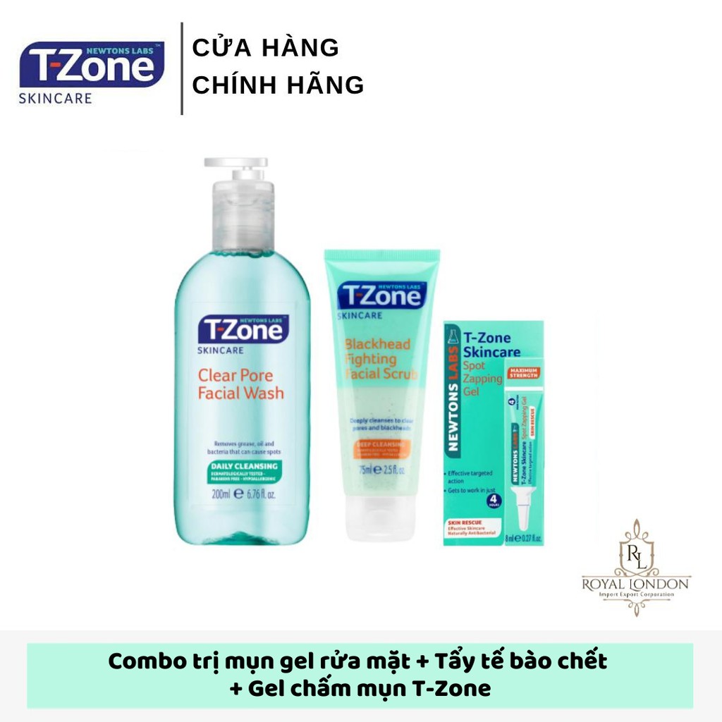 Combo 3 T-ZONE Gel Rửa Mặt 200ml + Kem Tẩy Da Chết 75ml + Gel Giảm Mụn 8ml Tinh Chất Tràm Trà T-Zone