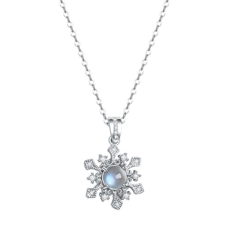 "Ocean Princess" BY-2021 Natural Moonstone Snowflake Necklace with Diamond Snowflakes S925 Silver Clavicle Chain Female